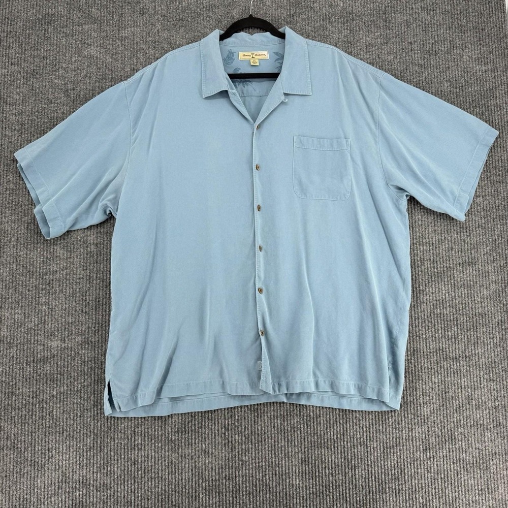 Vintage Tommy Bahama men's silk camp shirt loop collar blue XXL coconut buttons